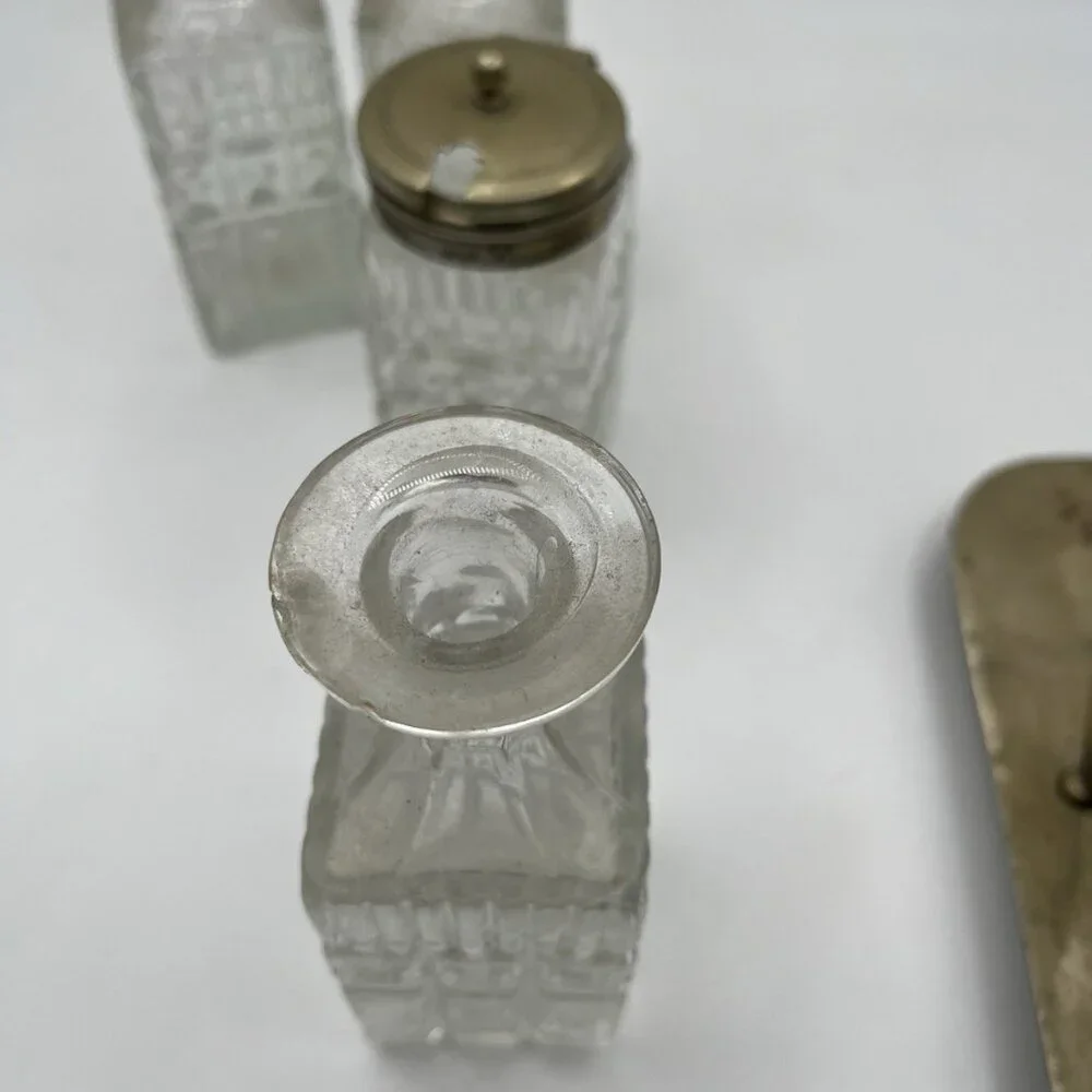 Antique Victorian EPNS Cruet Castor Set Pressed Glass Bottles Silverplate Stand